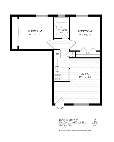 Floor plan for 2 beds, 1 bath, 445 sqft